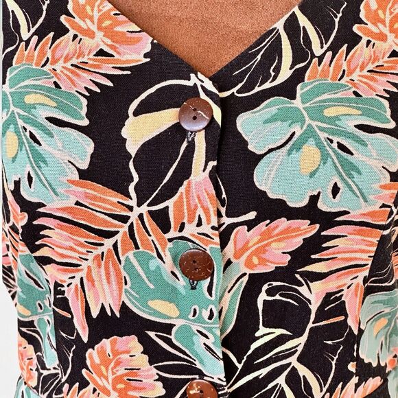 Linen Tropical Hawaiian Floral Vacation Summer Dress Sleeveless M Green Orange - Picture 5 of 11